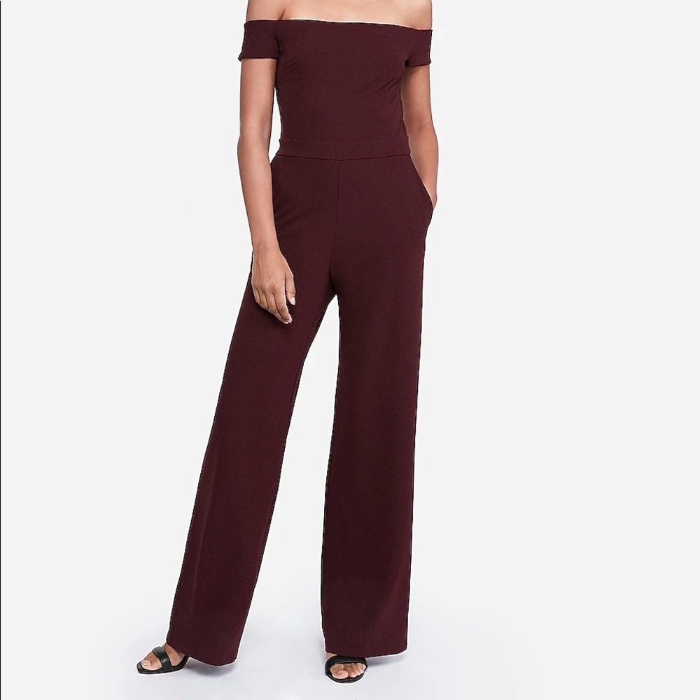OFF THE SHOULDER WIDE LEG JUMPSUIT IN CABERNET